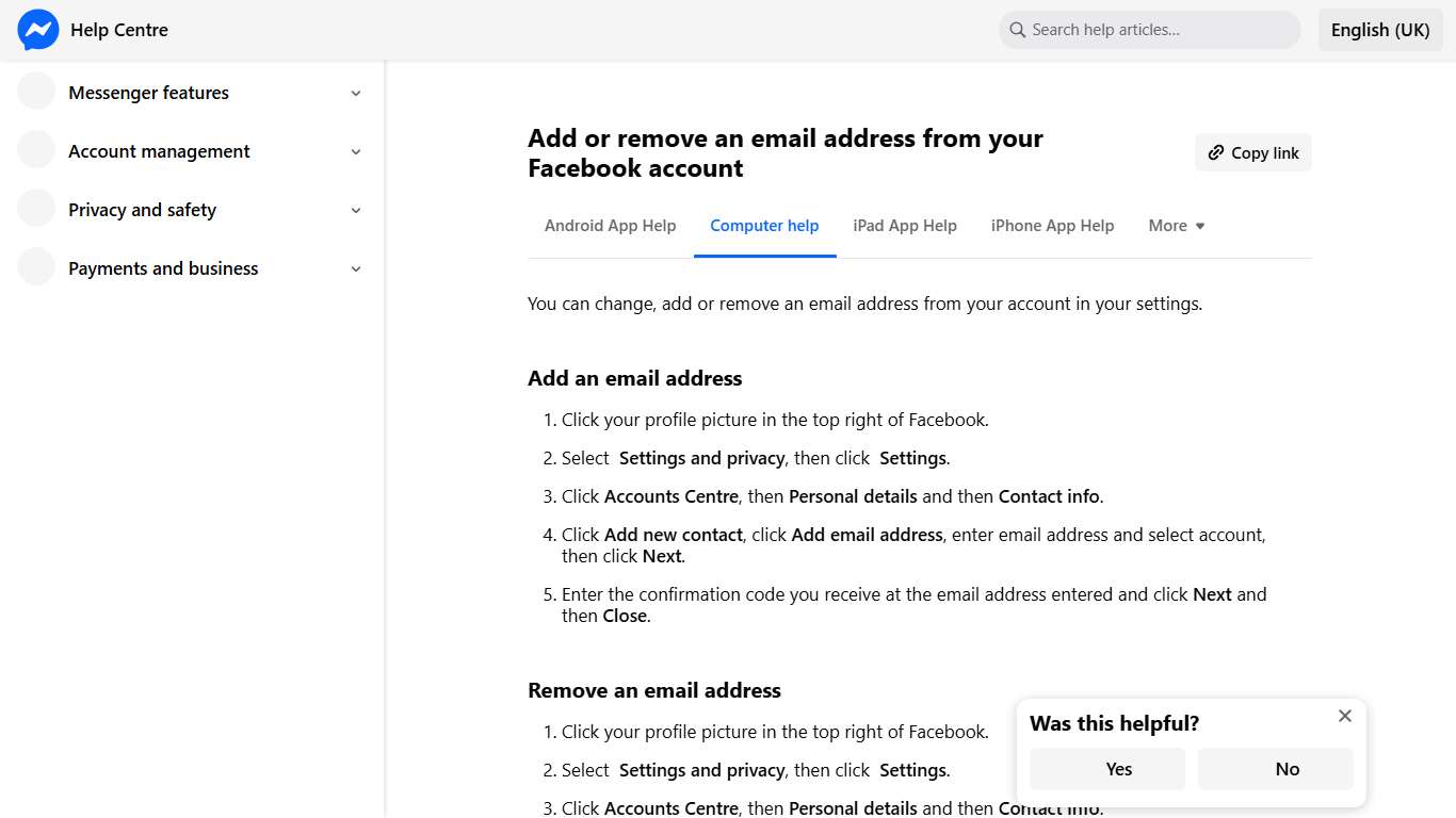 Add or remove an email address from your Facebook account Messenger Help Centre